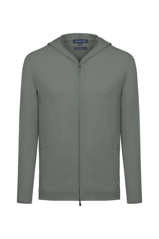 Slim Fit Haki Kapüşonlu İnce Hırka