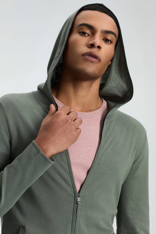 Slim Fit Haki Kapüşonlu İnce Hırka