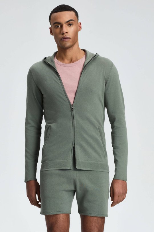 Slim Fit Haki Kapüşonlu İnce Hırka