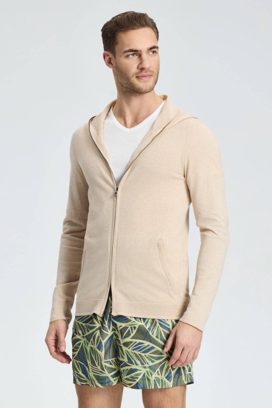 Slim Fit Kum Rengi Kapüşonlu İnce Hırka