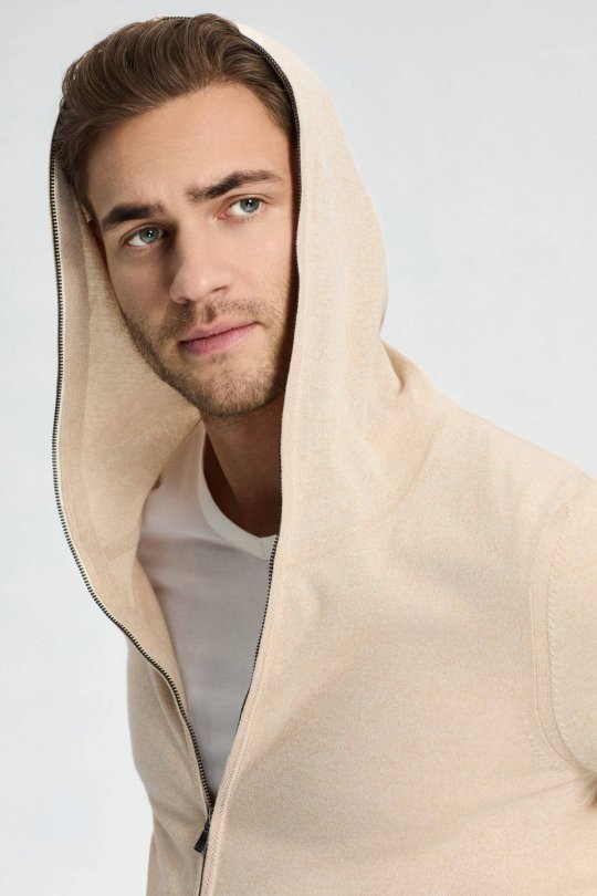 Slim Fit Kum Rengi Kapüşonlu İnce Hırka