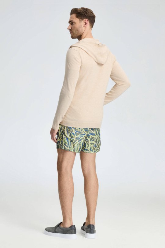 Slim Fit Kum Rengi Kapüşonlu İnce Hırka