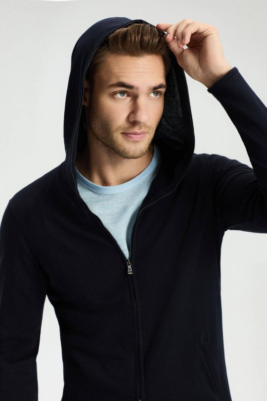 Slim Fit Lacivert Kapüşonlu İnce Hırka