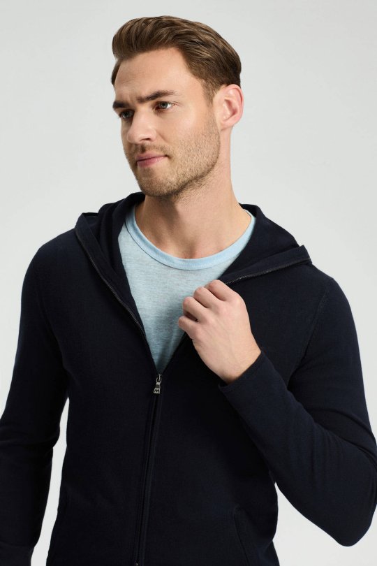 Slim Fit Lacivert Kapüşonlu İnce Hırka