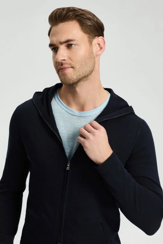 Hemington - Slim Fit Lacivert Kapüşonlu İnce Hırka (4)