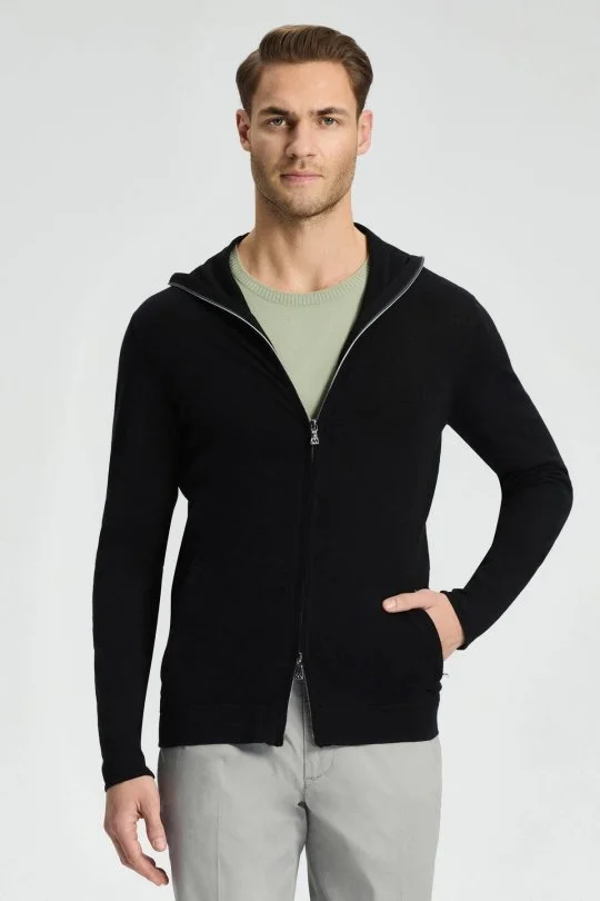 Hemington - Slim Fit Siyah Kapüşonlu İnce Hırka