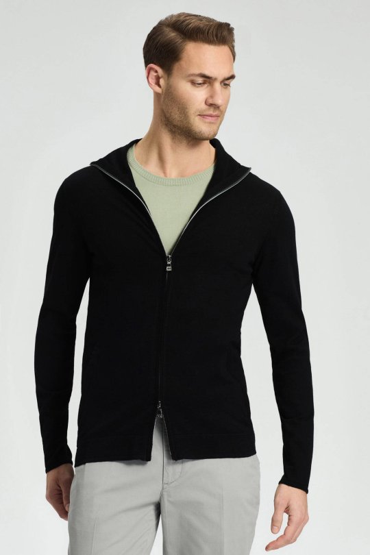 Slim Fit Siyah Kapüşonlu İnce Hırka