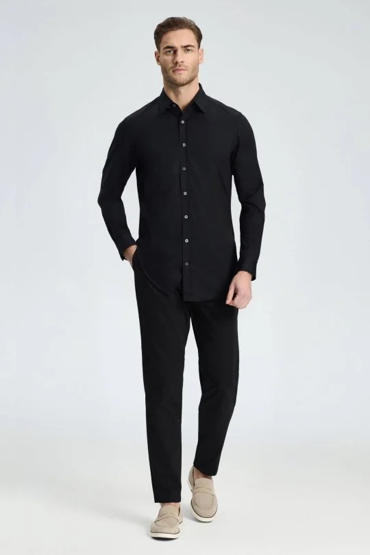 Hemington - Slim Fit Gizli Düğme Siyah Spor Gömlek (1)
