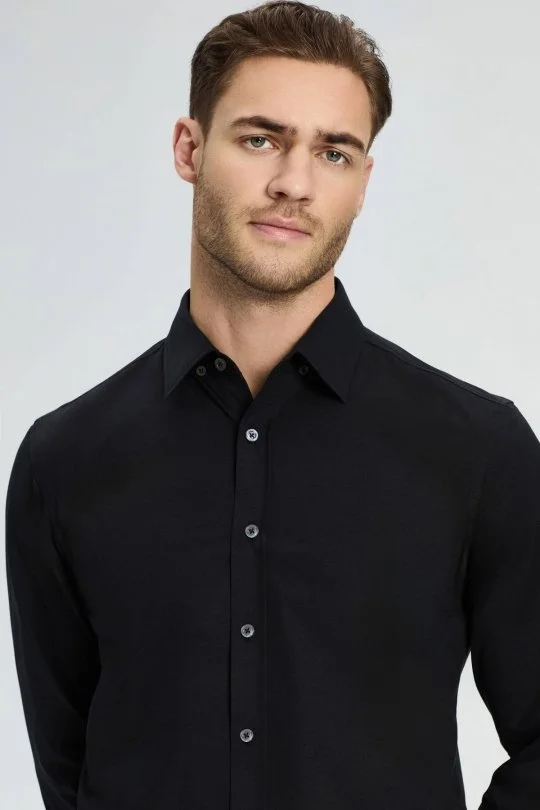 Hemington - Slim Fit Gizli Düğme Siyah Spor Gömlek (2)