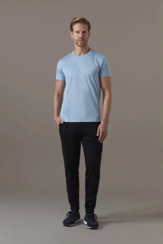 Superfine Pamuk Bisiklet Yaka Açık Mavi Basic T-Shirt