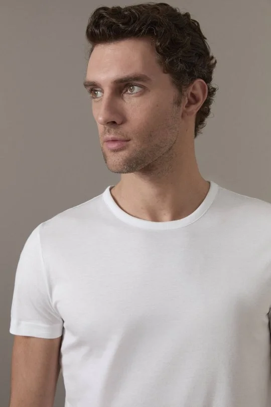 Superfine Pamuk Bisiklet Yaka Beyaz Basic T-Shirt