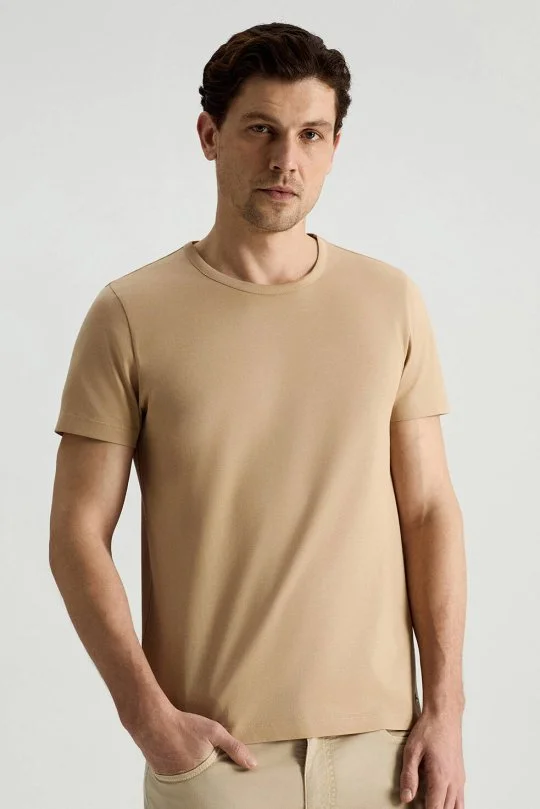 Hemington - Superfine Pamuk Bisiklet Yaka Kum Rengi Basic T-Shirt (1)