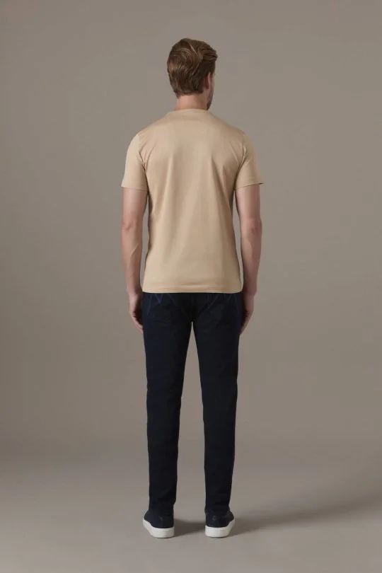 Superfine Pamuk Bisiklet Yaka Kum Rengi Basic T-Shirt