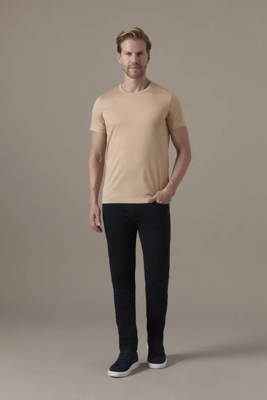 Superfine Pamuk Bisiklet Yaka Kum Rengi Basic T-Shirt