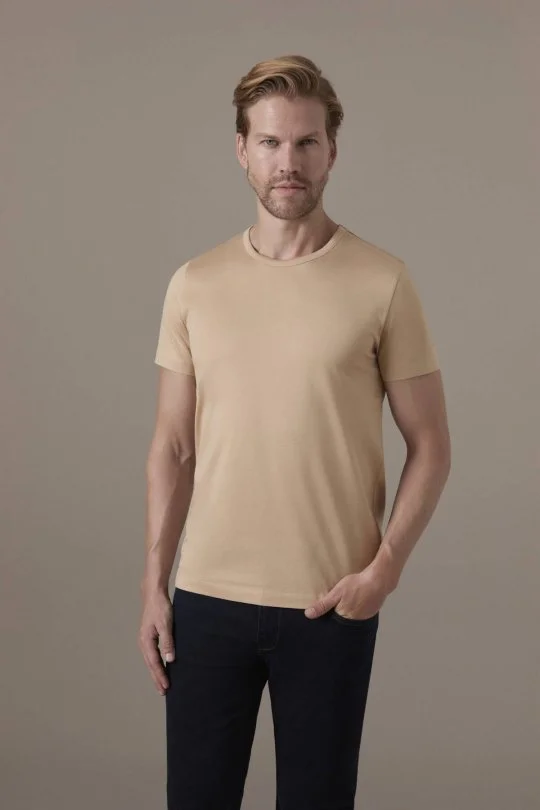 Superfine Pamuk Bisiklet Yaka Kum Rengi Basic T-Shirt