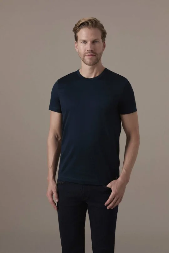 Superfine Pamuk Bisiklet Yaka Lacivert Basic T-Shirt