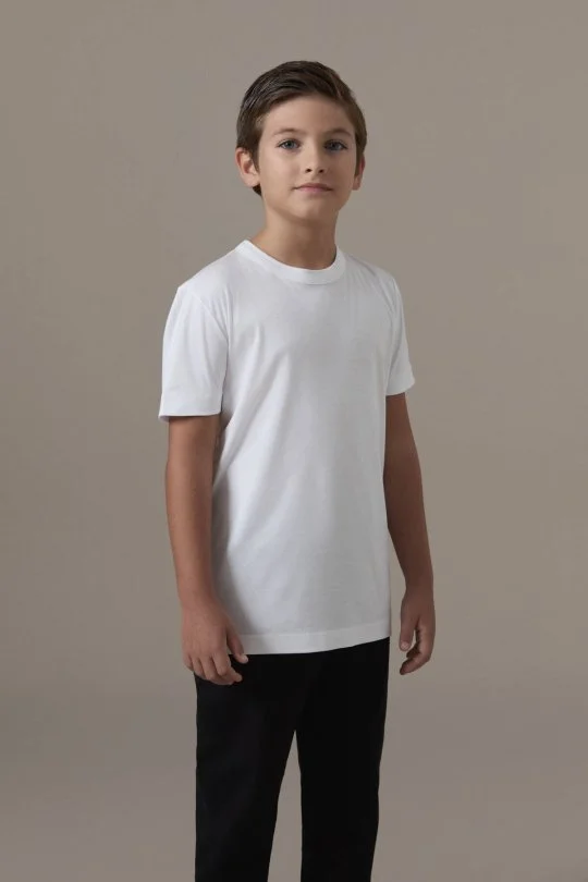 Supima Pamuk Bisiklet Yaka Tencel Beyaz Çocuk T-Shirt