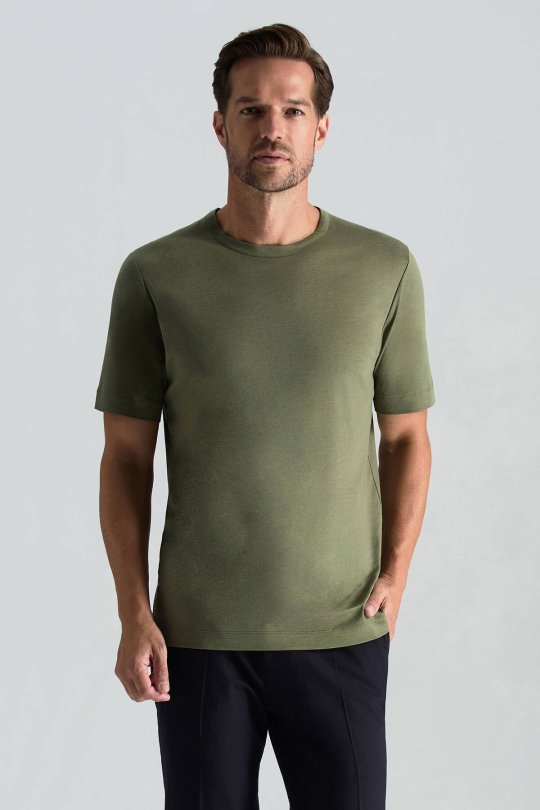 Supima Pamuk Bisiklet Yaka Tencel Haki T-Shirt