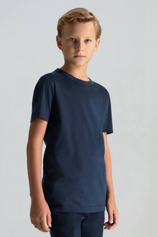 Supima Pamuk Bisiklet Yaka Tencel Lacivert Çocuk T-Shirt