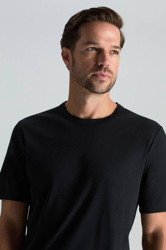 Supima Pamuk Bisiklet Yaka Tencel Siyah T-Shirt