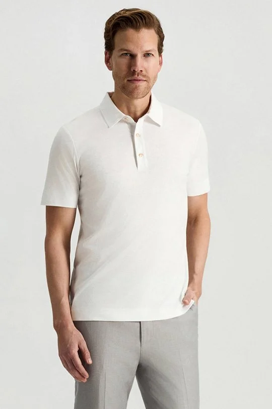 Supima Pamuk Polo Yaka Tencel Beyaz Tişört