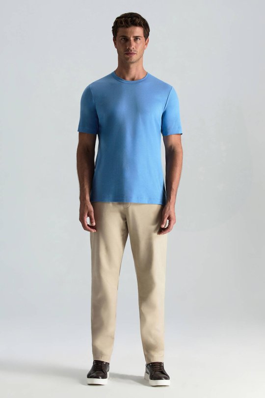 Supima Pamuk Bisiklet Yaka Tencel Mavi T-Shirt