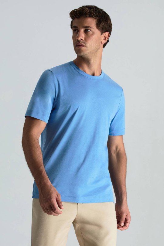 Supima Pamuk Bisiklet Yaka Tencel Mavi T-Shirt