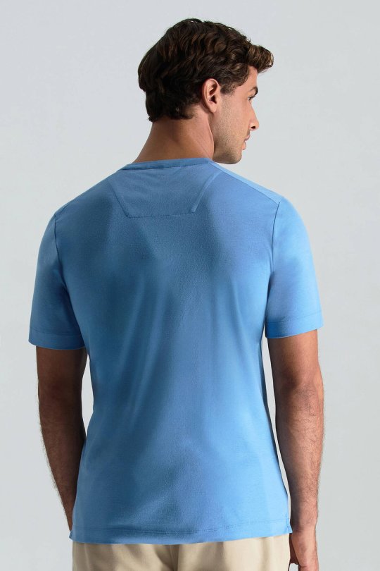 Supima Pamuk Bisiklet Yaka Tencel Mavi T-Shirt