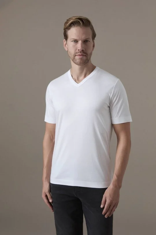 Supima Pamuk V Yaka Tencel Beyaz T-Shirt
