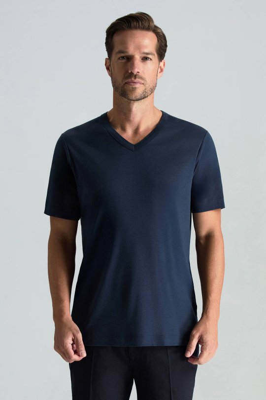 Supima Pamuk V Yaka Tencel Lacivert T-Shirt