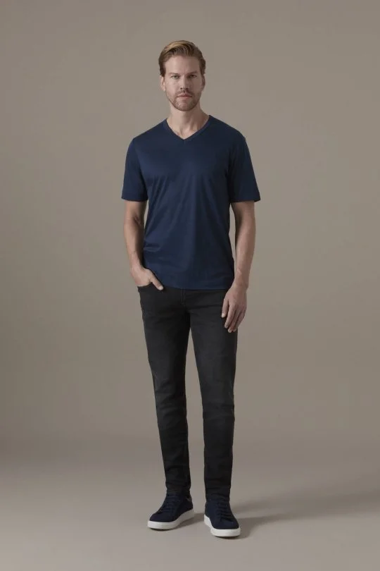 Supima Pamuk V Yaka Tencel Lacivert T-Shirt