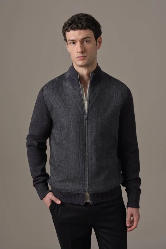 Tartan Desen Kumaşlı Antrasit Tailored Triko Ceket