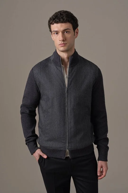 Hemington - Tartan Desen Kumaşlı Antrasit Tailored Triko Ceket (1)