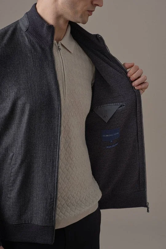 Hemington - Tartan Desen Kumaşlı Antrasit Tailored Triko Ceket (4)