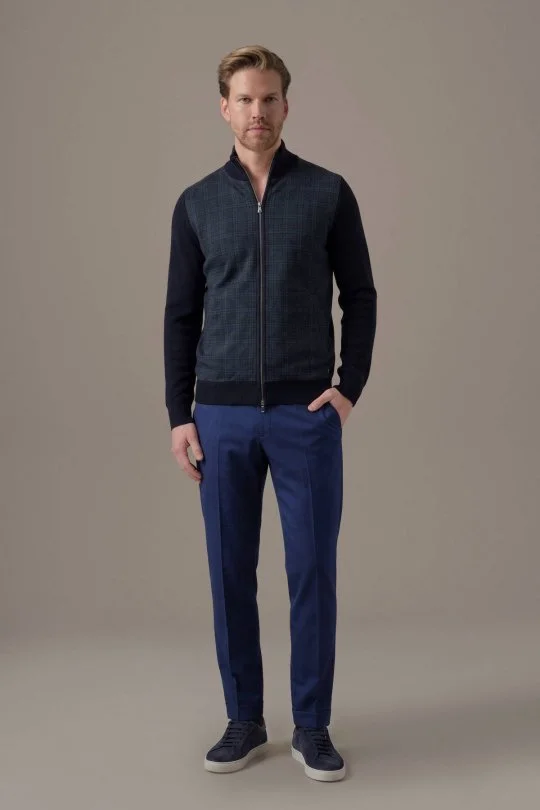 Tartan Desen Kumaşlı Lacivert Tailored Triko Ceket