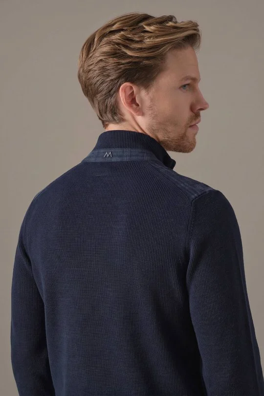 Tartan Desen Kumaşlı Lacivert Tailored Triko Ceket