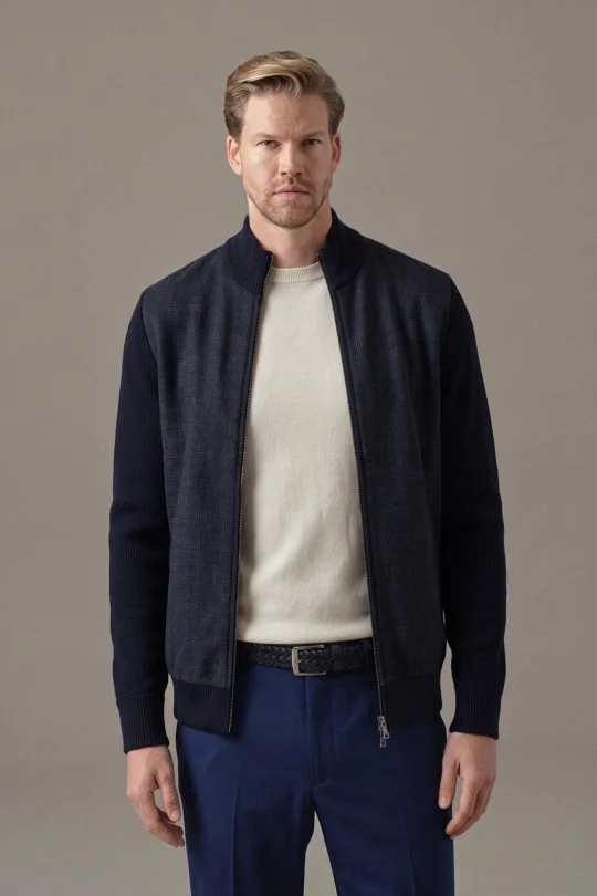 Tartan Desen Kumaşlı Lacivert Tailored Triko Ceket