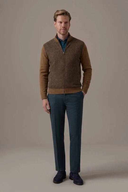Tartan Desen Kumaşlı Tütün Rengi Tailored Triko Ceket
