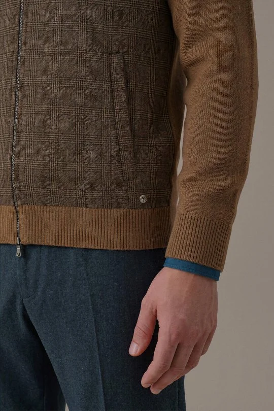 Tartan Desen Kumaşlı Tütün Rengi Tailored Triko Ceket