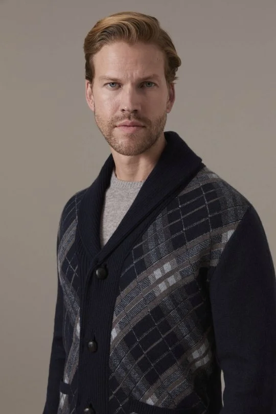 Tartan Desen Lacivert Yün Triko Hırka