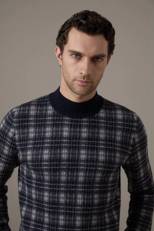 Tartan Desen Lupetto Yaka Lacivert Kazak
