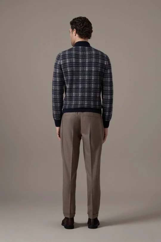Tartan Desen Lupetto Yaka Lacivert Kazak