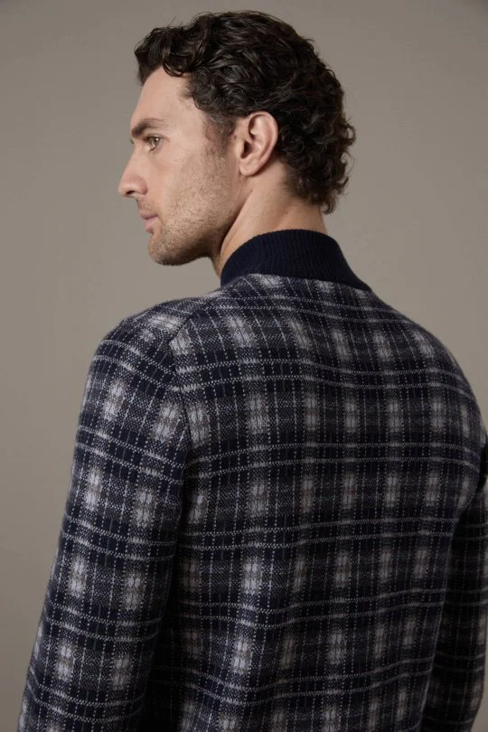 Tartan Desen Lupetto Yaka Lacivert Kazak