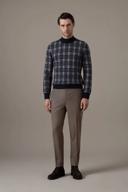 Tartan Desen Lupetto Yaka Lacivert Kazak