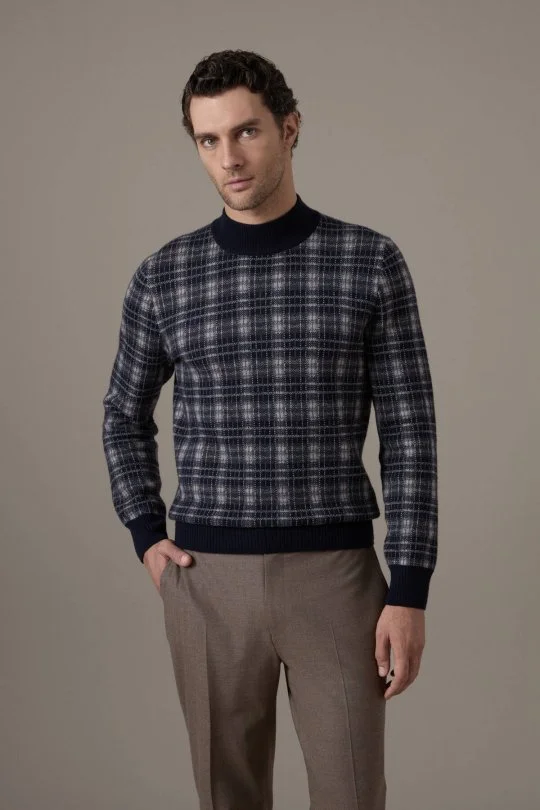 Tartan Desen Lupetto Yaka Lacivert Kazak