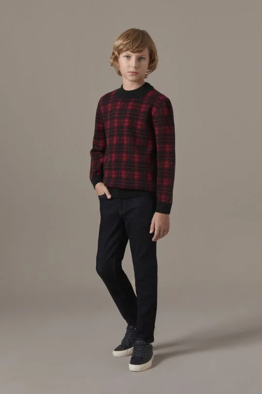 Tartan Desen Lupetto Yaka Siyah Çocuk Kazak