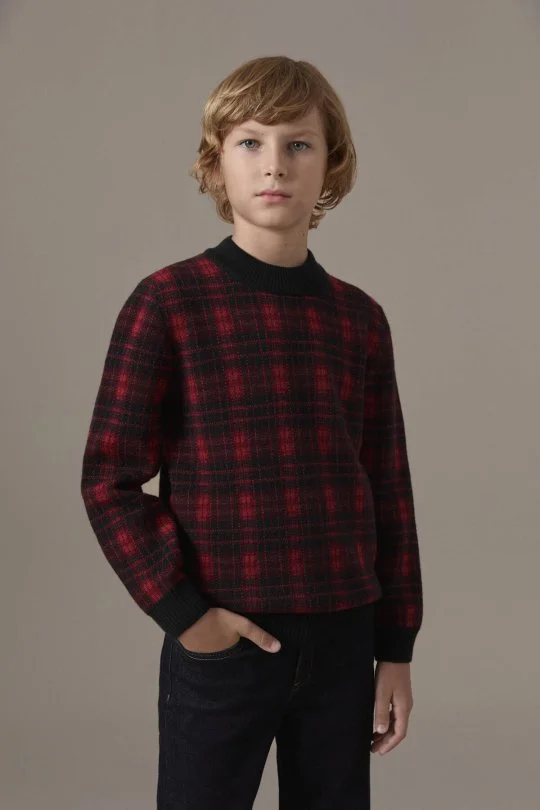 Tartan Desen Lupetto Yaka Siyah Çocuk Kazak