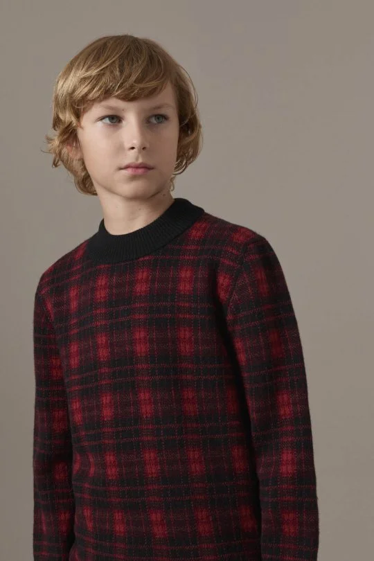 Tartan Desen Lupetto Yaka Siyah Çocuk Kazak