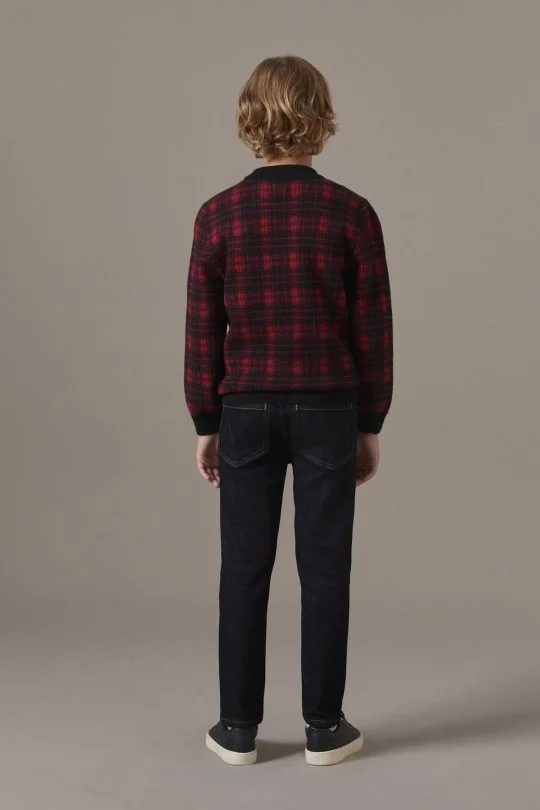 Tartan Desen Lupetto Yaka Siyah Çocuk Kazak