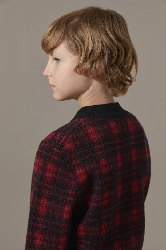 Tartan Desen Lupetto Yaka Siyah Çocuk Kazak